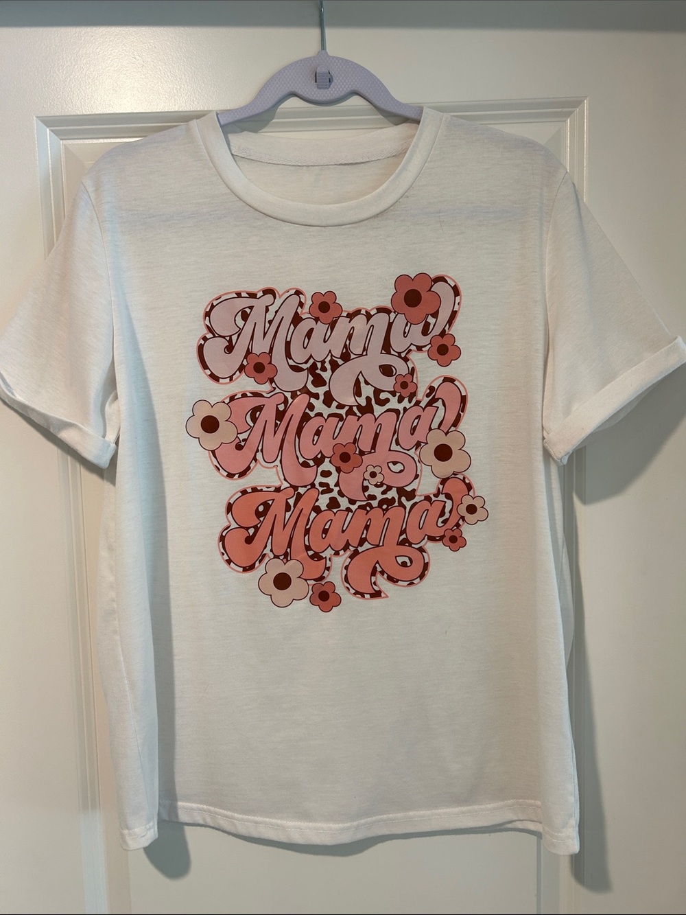 White Short-Sleeve 'Mama' Graphic Tee with Pink Floral Print